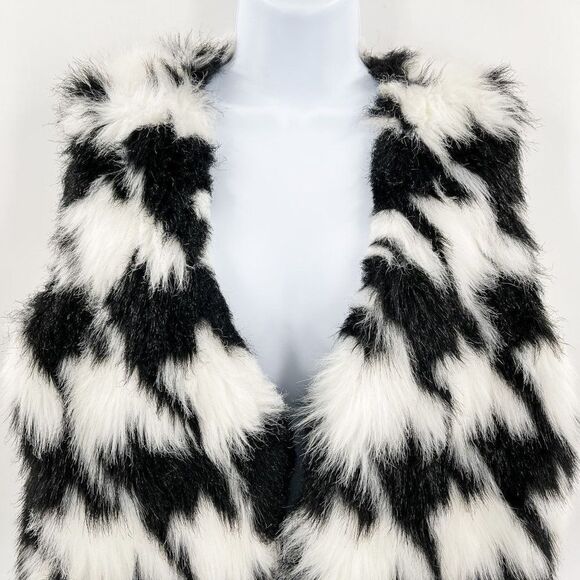 Michael Kors Houndstooth Black White Open Front Faux Fur Vest Large - Picture 4 of 8